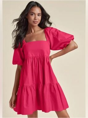 Venus Square Neck Puff Sleeve Tiered Mini Dress in Hot Pink